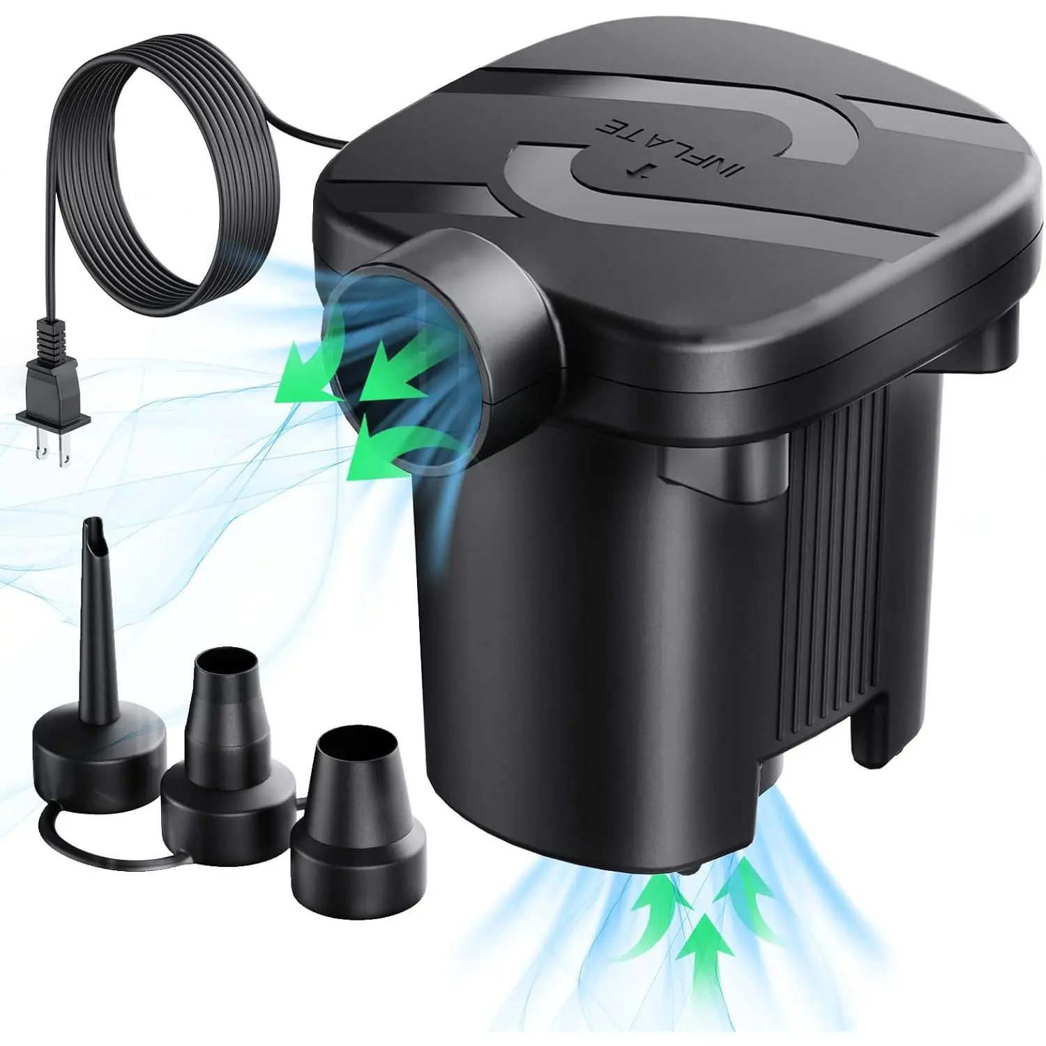 Electric Air Pump, Quick-Fill Air Pump for Inflatables, Portable Air Mattress Pump with 3 Nozzles, AC110-120V Electric Pump for Beds, Inflatable Cushion, Couch, Pool Floats, Inflatable Pool, Snow Sled