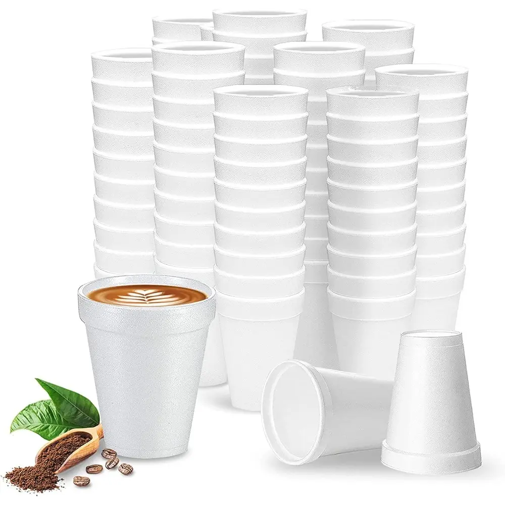 Oz Disposable Foam Cups, 100 Pack, White Foam for Insulating Hot & Cold Beverages, Made in USA, To-Go Cups for Coffee, Tea, Hot Cocoa, Soup, Broth, Smoothie, Soda, Juice, 8-Ounce, Disposable Cups