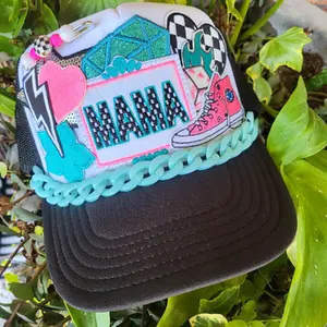 MAMA foam trucker hat in pink and turquoise checked pattern