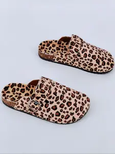 Women's Leopard Print Closed Toe Shoes, Fall Winter Casual Fashion Anti-Slip Flat Sandals, All-Season Slip-On Lazy Single Shoe, Leopard Print Slippers