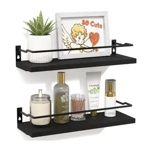 Black Bathroom Shelves, Guard-Rail Floating Wall Shelf for Bathroom Decor, Small Wall Mounted Wood Shelves, Bathroom Wall Organizer Over Toilet Storage, Kitchen Shelves Set of 2 - Black