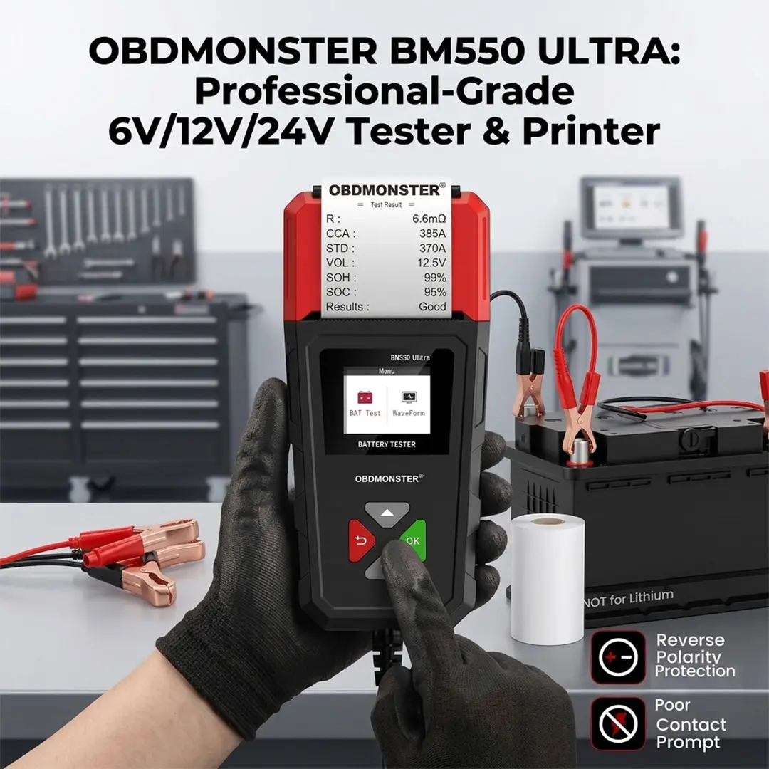 OBDMONSTER BM550 Ultra Universal Automotive Battery Tester Tool - 6V/12V/24V, Built-in Thermal Printer, Professional Alternator Crank Diagnostic Scanner for Car, Truck
