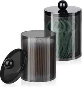 2 Pack Qtip Holder Set with Lids – Black Plastic Apothecary Jars for Cotton Swabs Balls & Pads Bathroom Vanity Organizer Dustproof & Stylish