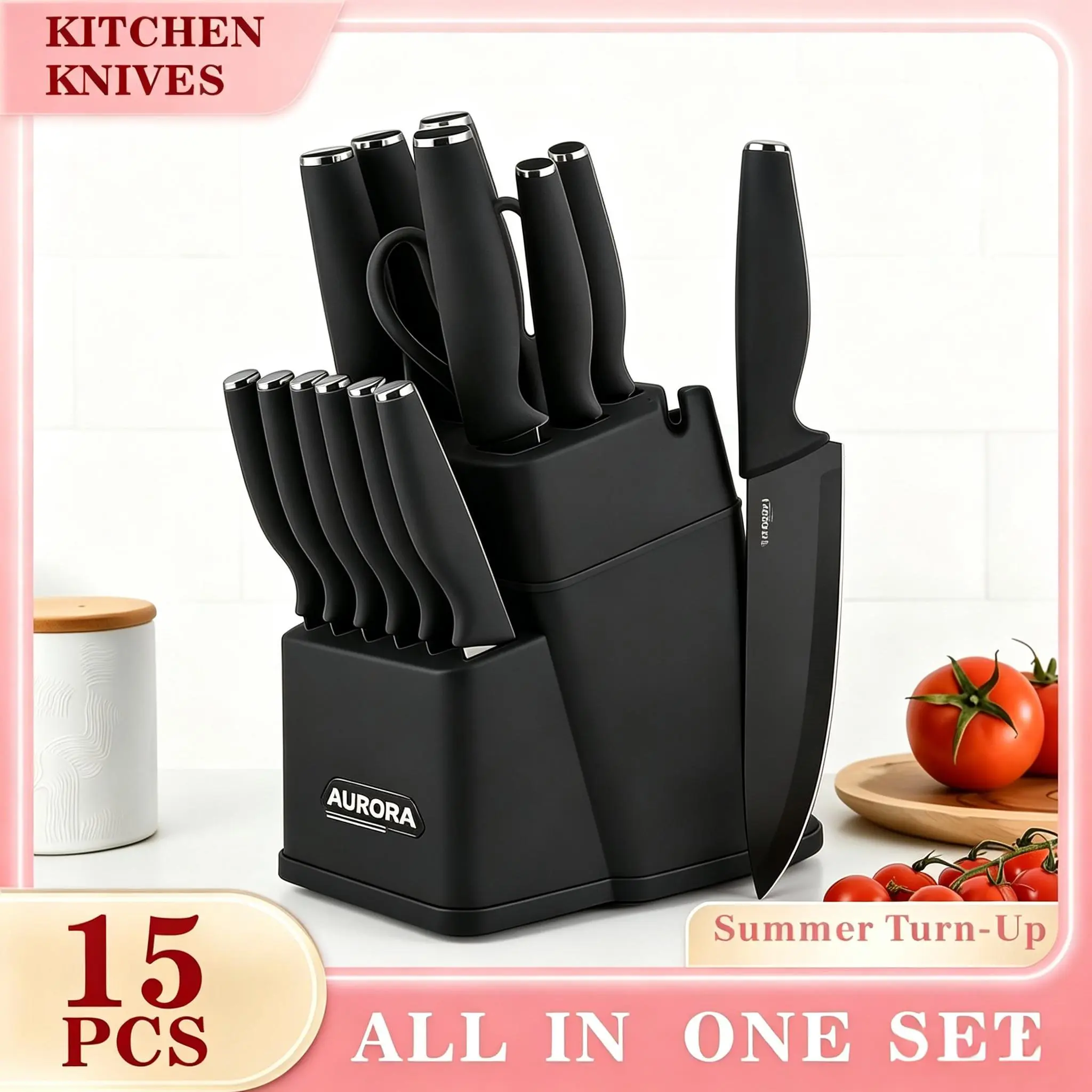 2026 Valentine's Day Special 15-Piece Kitchen Knife Set with Block - Stainless Steel Kitchenware Knives, Self-Sharpening, Dishwasher-Safe, Anti-Slip Handle, Available in Black and White, Cut