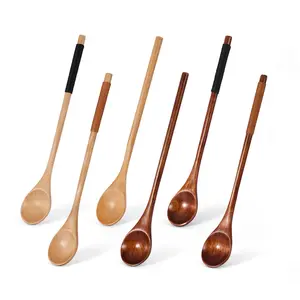 Set of 6 Wooden Spoons for Cooking, Mixing Stirring Seasoning Spoons for Baking, Long Handle Creative Coffee Spoon Ice Cream Dessert Spoon Kitchenware Tableware Portable