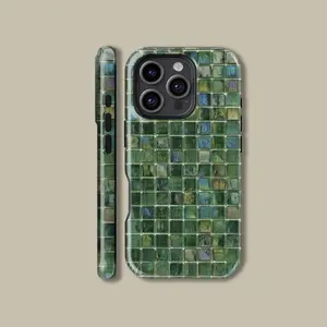 Green Toned Glass Mosaic Tiles Phone Case for iPhone Samsung Galaxy Google Pixel Waterproof Polycarbonate TPU Impact Resistant Trendy Aesthetic