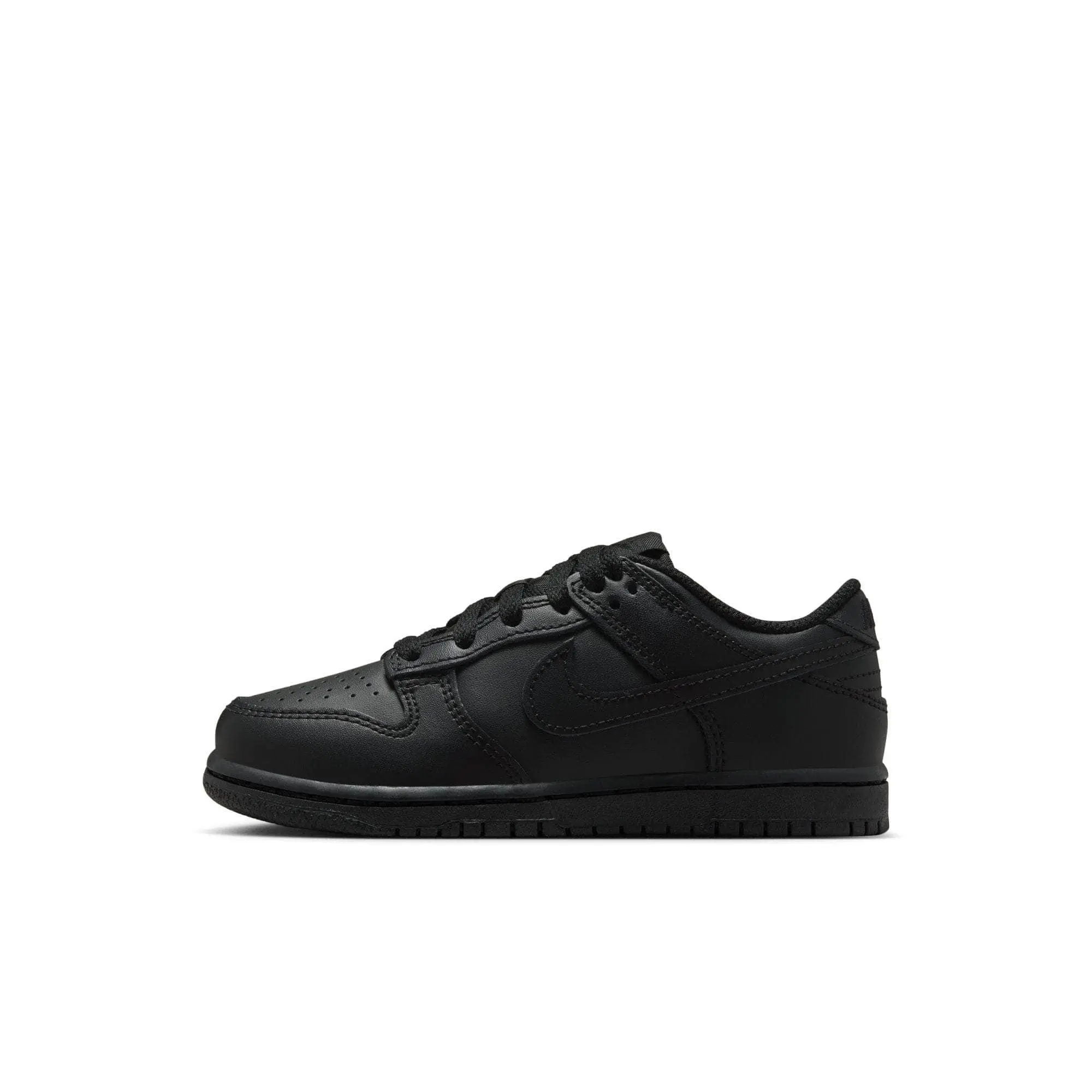Women's NIKE Dunk Low "Triple Black" Youth Low Top Leather Blend Casual Trainers - Sneakers for Women, Lace-Up, Durable Rubber Traction Outsole, Heritage Look, Ankle Pad, Round Toe, Toe Perforations, Play Grip, Cupsole Construction, FB9108-009