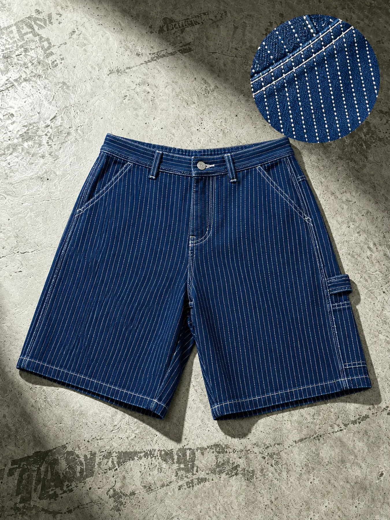 Men's Pinstripe Denim Cargo Shorts, Relaxed Straight Fit Stylish Jorts with Multi-Pocket Utility for Summer Streetwear, Striped, Casual, Alternative, Workwear, Chic, Menswear, Preppy, Wedding, Rock, Pockets, Holiday, Halloween, Christmas, Thanksgiving, At
