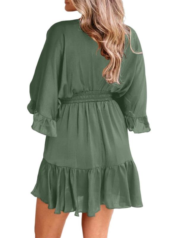 FMEYOA Womens V Neck Casual Dresses Summer Duster Cardigans Short Sleeve Draped Oversized Mini Short Dress