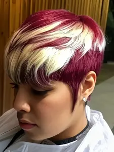 Short Human Hair Pixie Cut Wig 613 Blonde/Red/Burgundy Color-Blended Straight Hair with Bangs Pixie Wigs