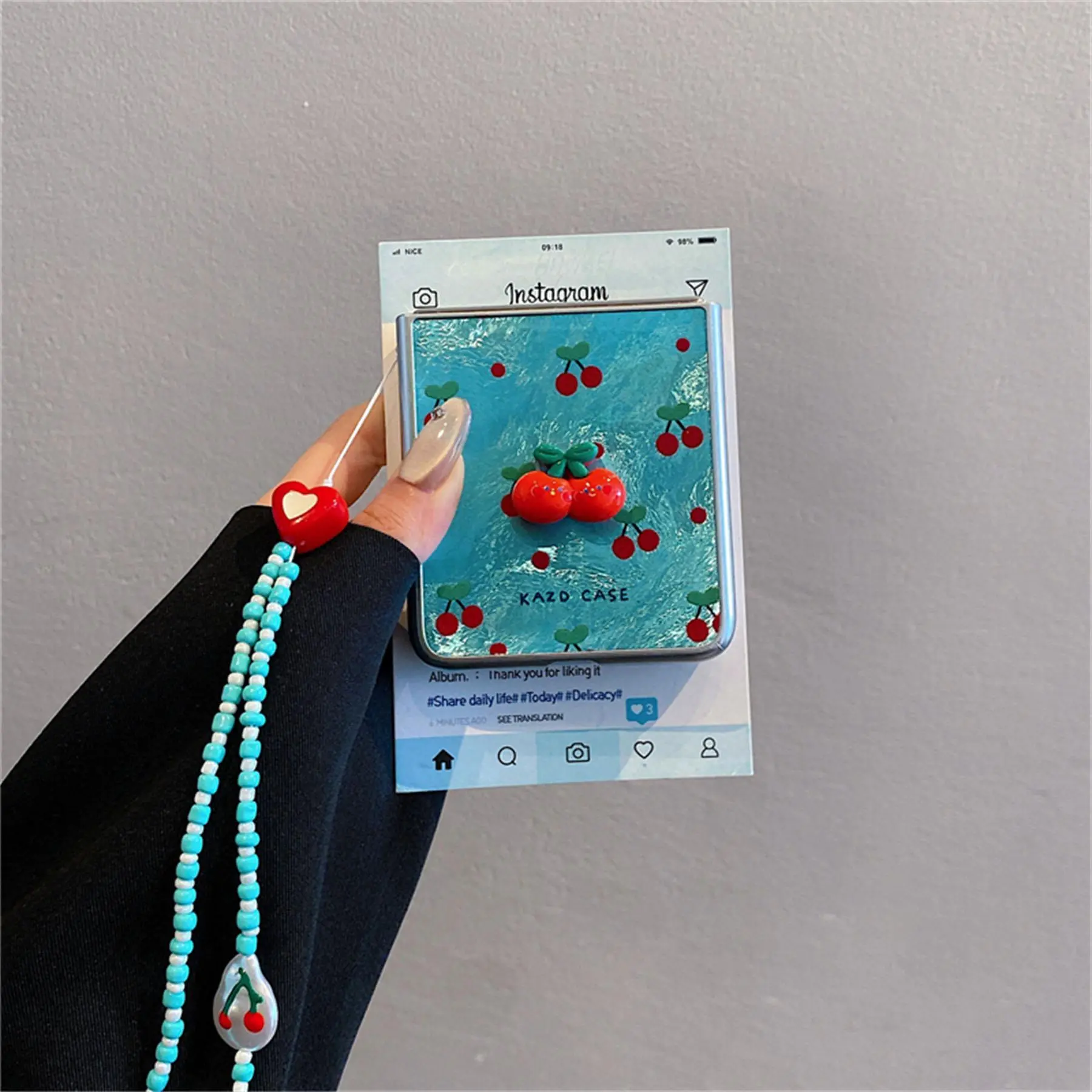Cute Full Screen Cherry Glacial Pattern Phone Case with Pendant for Samsung Galaxy Z Flip 7 FE Z Flip6 ZFlip 5 Zflip6 Zflip5
