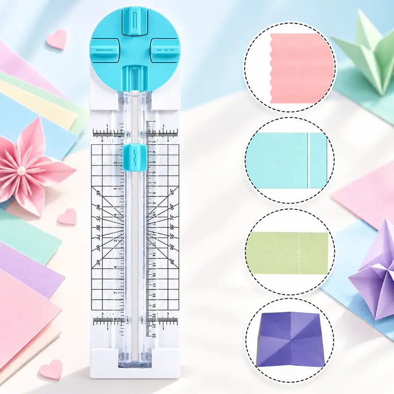 Compact Multifunctional Craft Paper Cutter - Home Office Stationery, 4-Blade Titanium Alloy Cutting Tool with Scoring, Transparent Rails, Max 9" Wide Cut, 5 Sheets Capacity, for Adults, Children, Scrapbook Materials (Pink, Blue)
