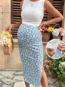 Maternity Set 2pcs - Embroidery Tank Top & Daisy Print Midi Skirt - Comfortable & Stylish Outfit for Pregnant Women