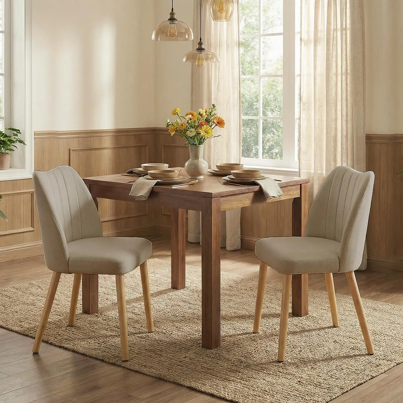 Tool Free Assembly White Upholstered Dining Chairs Set of 2 Modern Fabric Kitchen Chairs with Wood Legs Comfortable Dining Room Seating Padded Back