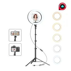 10" Ring Light with 63" Stand & 2 Phone Holders, USB-Powered & Selfie Bluetooth Remote, 360° Adjustable for YouTube TikTok Makeup Photography Live Streaming Podcast, Compatible with All Phones/Cameras
