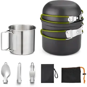 Camping Cookware Kit Backpacking, 0.33Gal Pots and 0.17Gal Pans Set,0.08Gal SUS304 Cup, Forks Knives Spoons for Hiking,Camping,Outdoor Cooking,Picnic,Solo Camping cookware