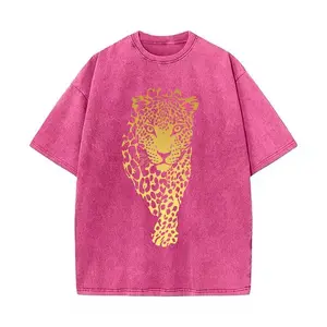 Vintage Washed Brown Leopard Print Oversized T-Shirt, 100% Cotton Streetwear Tee