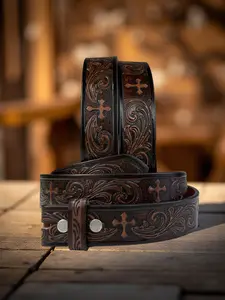 Western Cross Leather Belt Strap Full Grain Leather Heavy duty belt for removable buckle Rodeo Cowboy Belt