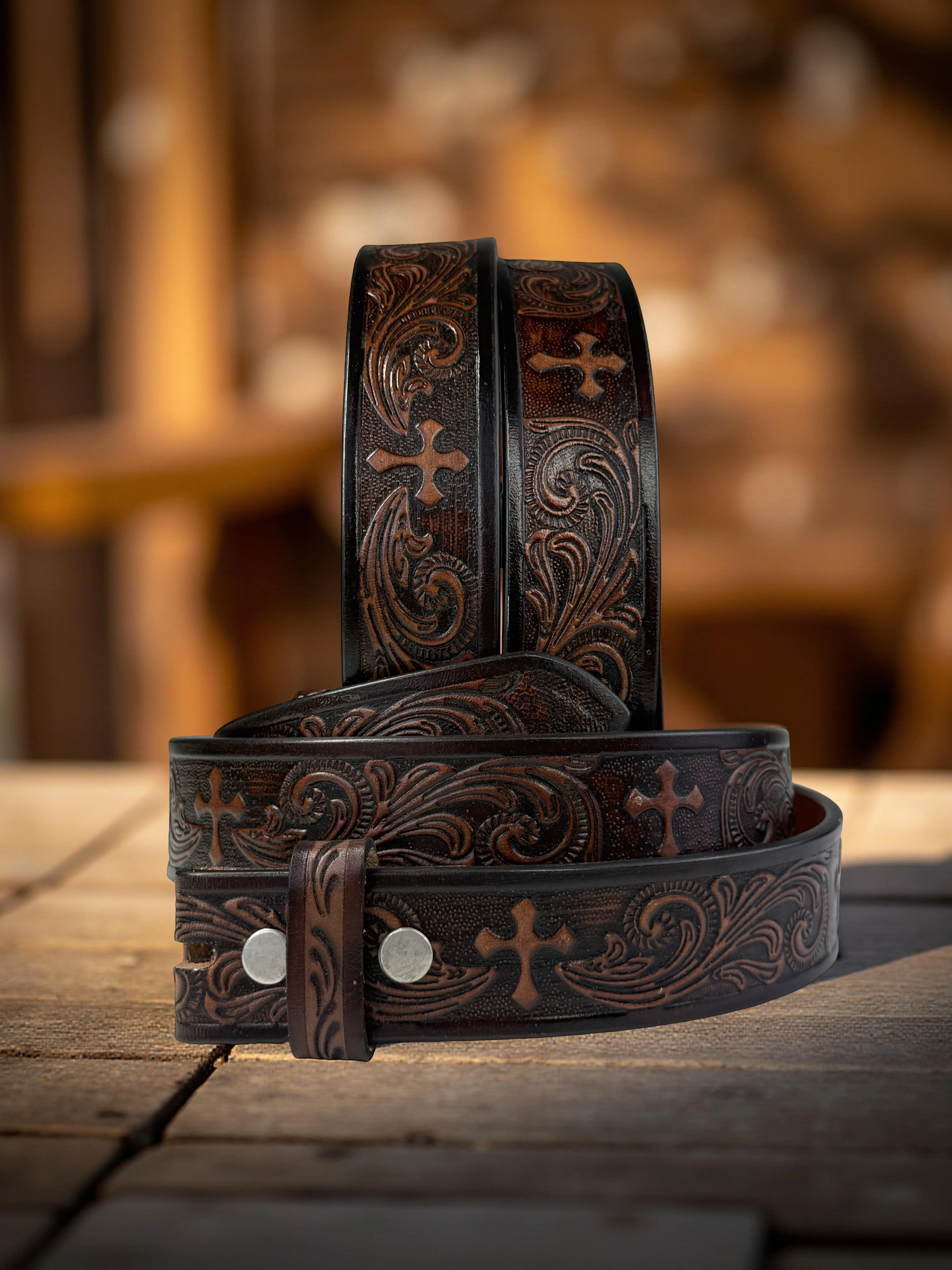 Western Cross Leather Belt Strap Full Grain Leather Heavy duty belt for removable buckle Rodeo Cowboy Belt