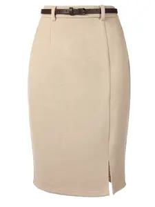 INSPIRE CHIC Pencil Skirt for Women Knee Length High Waisted Skirts with Slit Elegant Office Work Skirt with Belt