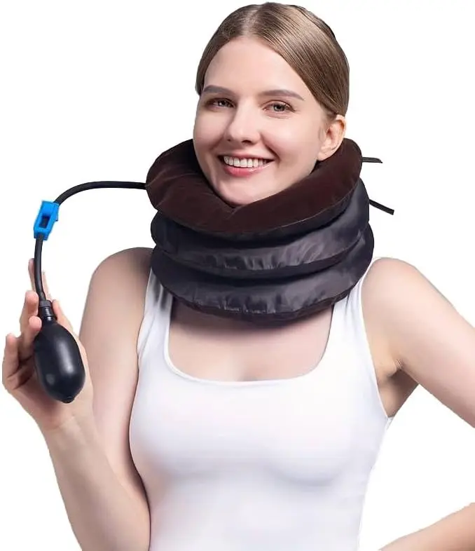 Inflatable Neck Brace Pillow Cervical Neck Traction Device Adjustable Neck Stretcher,Ideal for Spine Alignment and Chronic Neck Pain Relief. (BROWN)