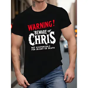 Men's Oversized Plus Size Short-Sleeve Round Neck Graphic Tee, Menswear Casual Streetwear, Funny "WARNING BEWARE OF CHRIS" Novelty Caution Print, Single-Sided Pure Cotton Tshirt, Suitable for Birthdays