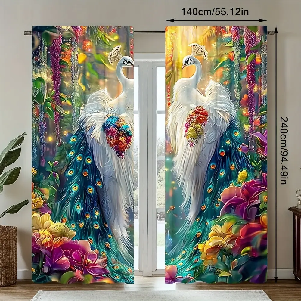 Set of 2 Elegant Peacock and Floral Print Curtains, Rod Pocket Design for Easy Hanging, Perfect for Living Room Office Bedroom Kitchen