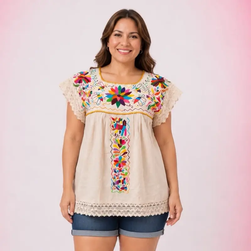 Blusa Tenango manga corta - Hand Embroidery blouse made in Mexico color style uniqueness artesanalmente blusa artesanal bordada a mano - blusa mexicana - hecho a mano