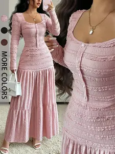 Women's Sweet & Elegant Long Sleeve Square Neck Dress, Womenswear, Stylish Ladies' Formal Evening Wear, Perfect for Valentine's Day and Other Special Occasions