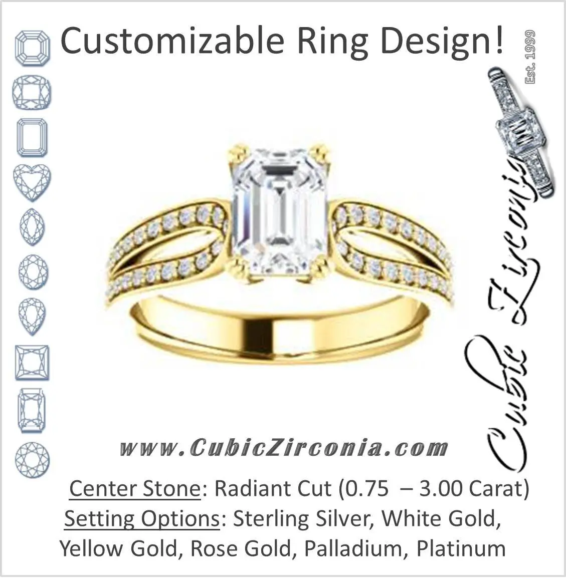 Cubic Zirconia Engagement Ring- The Monet (Customizable Radiant Cut Design with Wide Split-Pavé Band)