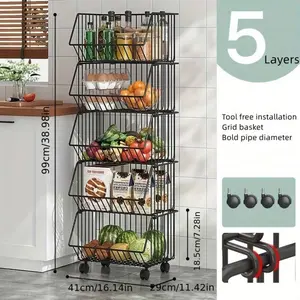 5 Layers Kitchen Fruit And Vegetable Basket, Snack Cart, Stackable Fruit And Vegetable Storage Basket With Wheels, Metal Wire Storage Basket Storage Cart, Suitable For Kitchen, Food Storage Room, Bathroom Outdoor Decor Organiser Racks Black