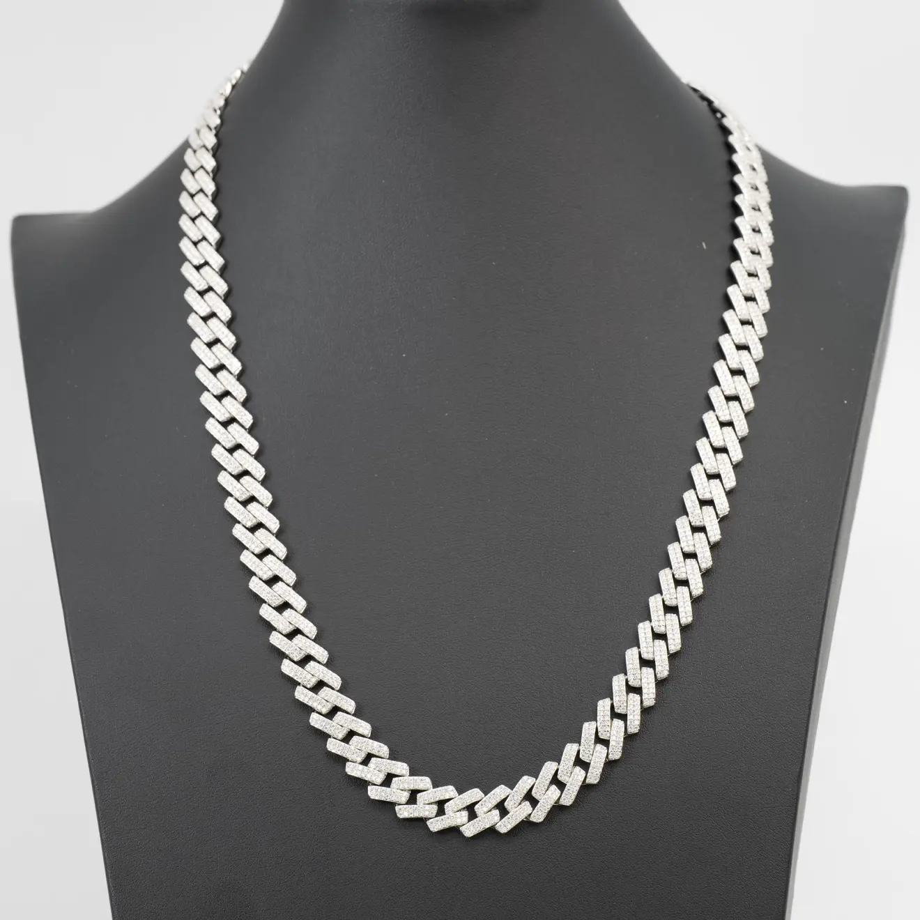 24in 12mm Iced Moissanite Monaco Chain in 925 Sterling Silver