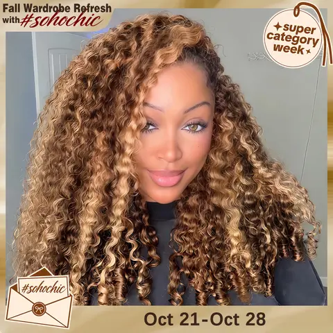 [3 In 1 Half Wig] Cheetah Beauty P4/27 Highlight Burmese Curly Glueless Half Wig Seamless Flip Over Drawstring Wig Wear Go Half Wig Invisible Hairline Glueless Afro Kinky Curly Human Hair Beginner Friendly #SohoChic #tiktokshopstockup