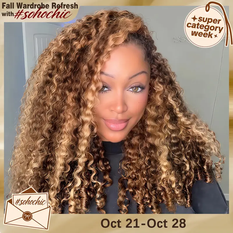 [3 In 1 Half Wig] Cheetah Beauty P4/27 Highlight Burmese Curly Glueless Half Wig Seamless Flip Over Drawstring Wig Wear Go Half Wig Invisible Hairline Glueless Afro Kinky Curly Human Hair Beginner Friendly #SohoChic #tiktokshopstockup