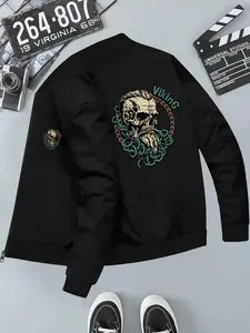 Trendy Skull Letter Print Stand Collar Jacket, Versatile Daily Wear, Spring Autumn Top, Casual Long Sleeve Pullover