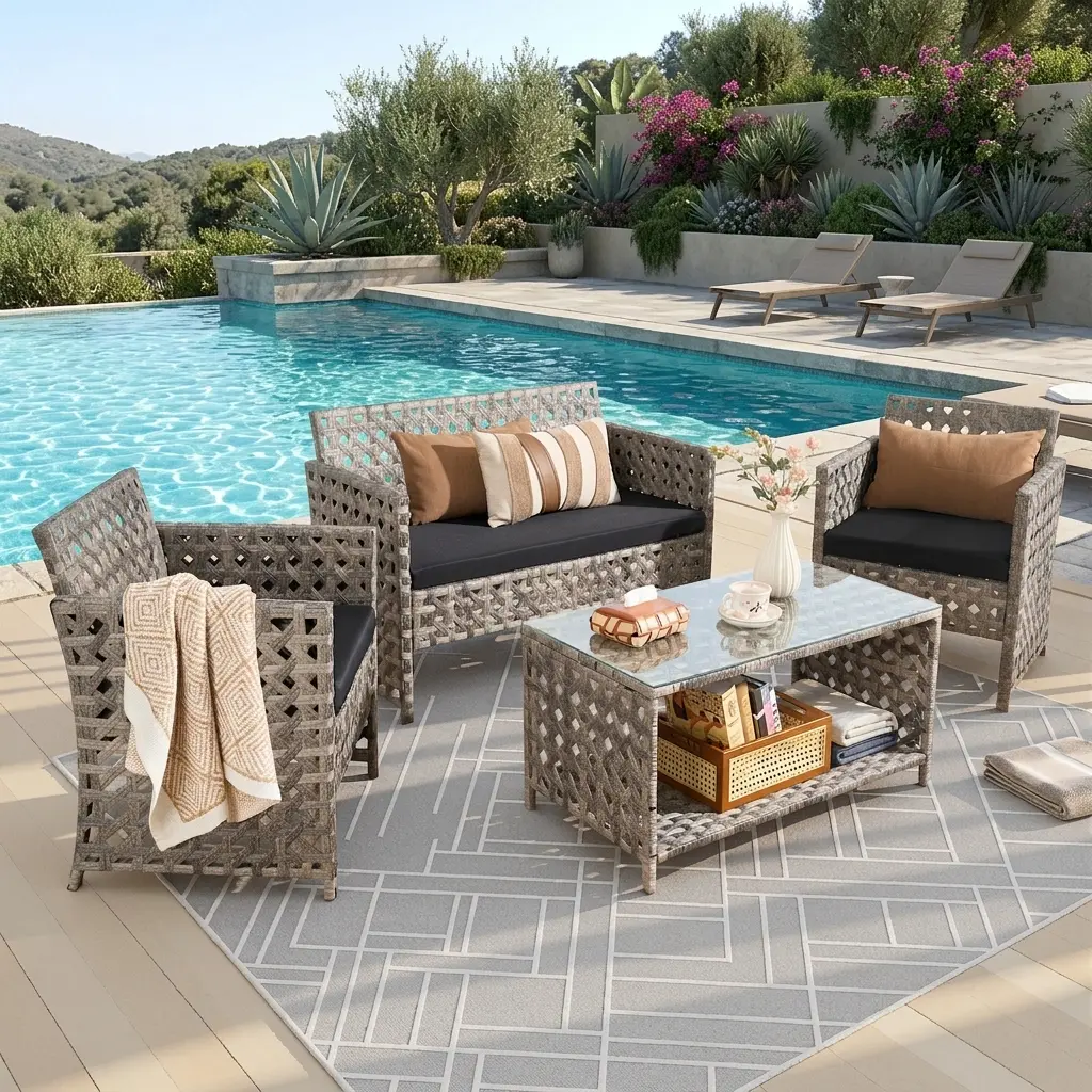 CAODOC Outdoor Patio Furniture Set - Wicker Rattan Conversation Chairs, Tempered Glass Table, Soft Cushions for Backyard, Lawn