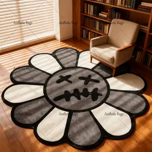Round Floral Bedroom Carpet, Vintage Flower Mat, Fashion Hip Hop Style Rug, Decorative Area Rug, Soft Comfortable Plush Foot Pad, Hand Wash Only