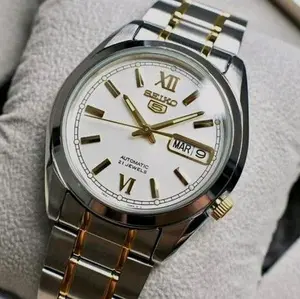 Seiko Automatic Watch with Gold Accents and 21 Jewels - White Dial and Date Display - SNK509