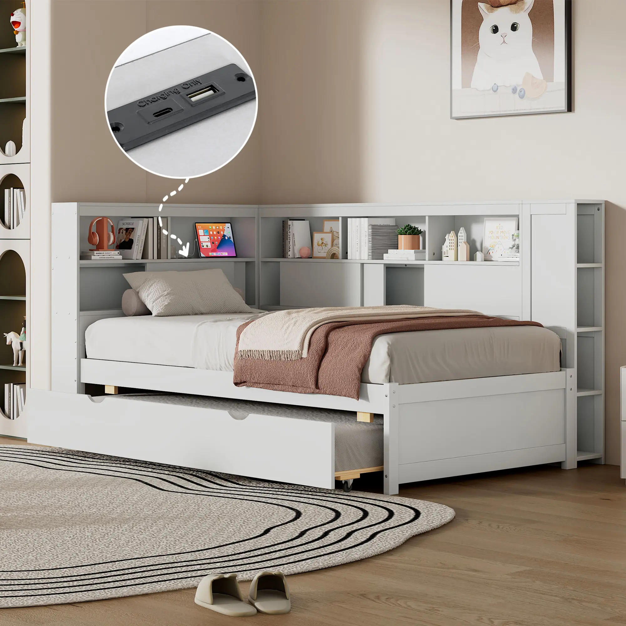 White Twin Daybed with Trundle, Storage Shelves, and Built-In USB Charging – Solid Wood & MDF, No Box Spring Needed