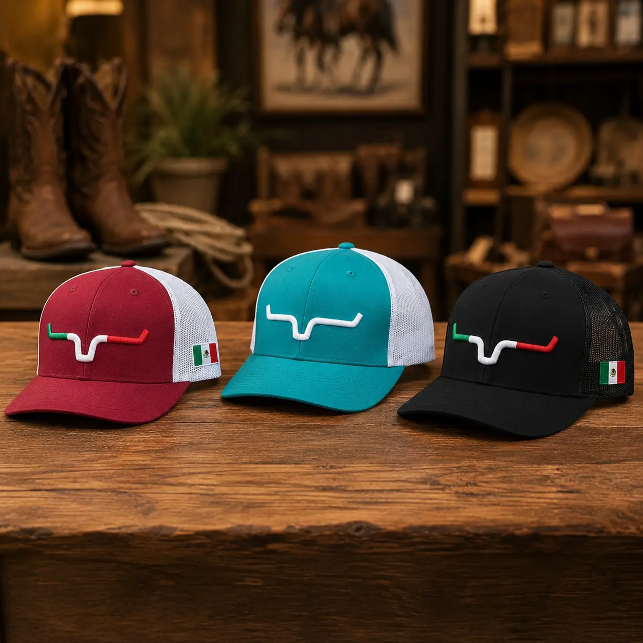 Kimes Ranch Mexico Trucker Hat for Men & Women, Embroidered Bull Horn Logo Mesh Snapback Cap, Adjustable Western Cowboy Baseball Hat with Mexico Flag Patch