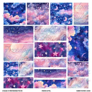 Dreamy Galaxy Patchwork Element Sheet – Celestial Stars & Pink Blue Clouds – Pre-Cut Printed Vinyl (10x10 or 12x12)