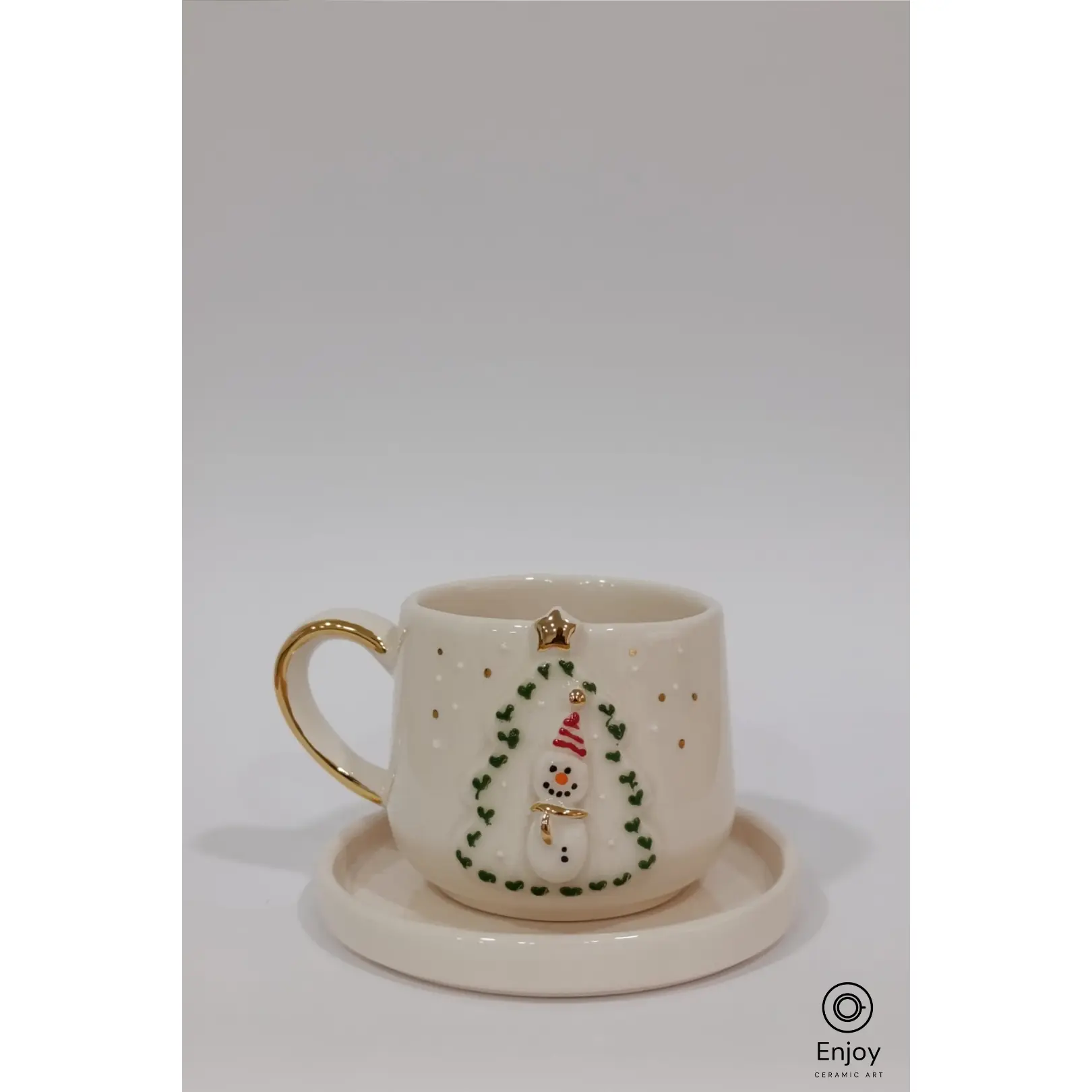 Handmade Snowman Espresso Cup with Christmas Tree Design – 5.4oz Ceramic Cup with Saucer
