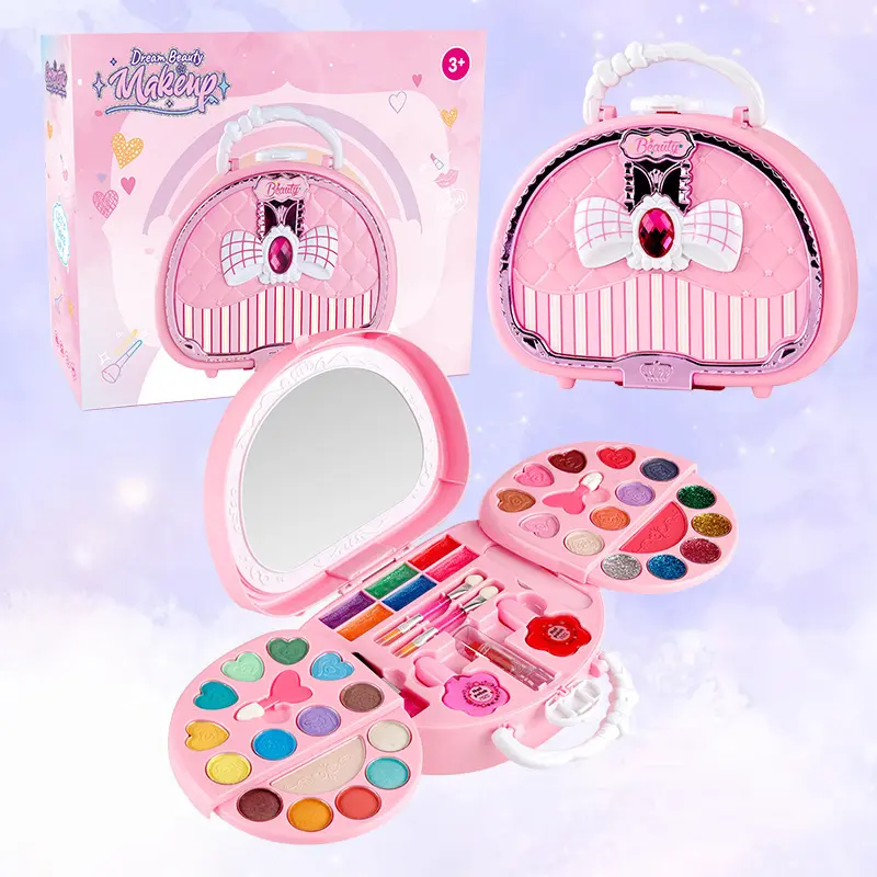Kids Washable Miniature Makeup Set - Pretend Play Cosmetic Kit for Girls, Princess Dress-Up Toy with Portable Case, Girl