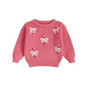 Toddler Girl Christmas Sweaters Jumper Long Sleeve Round Neck Bow Candy Cane Embroidery Tops Fall Winter Sweatshirts