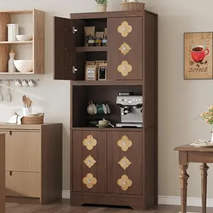 Garvee Kitchen Pantry Cabinet, 72" Tall Storage Cabinet with Open Shelves for Microwave, Freestanding Wooden Cupboard with Carved Door & Crystal Handle, for Dining Room, Living Room, Reddish Brown