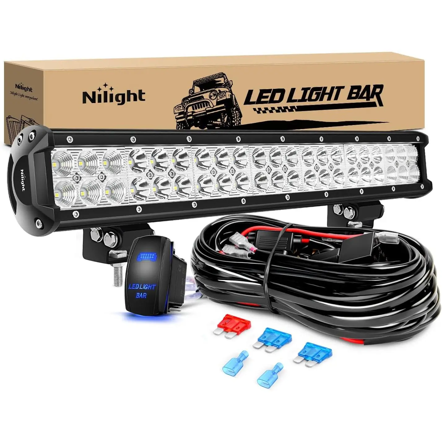 Nilight 20-Inch 126W Aluminum LED Light Bar, Led Car Lights, Offroad Spot-Flood Combo, 12V 5-Pin Rocker Switch, Slidable Wiring Harness Kit for Enhanced Visibility