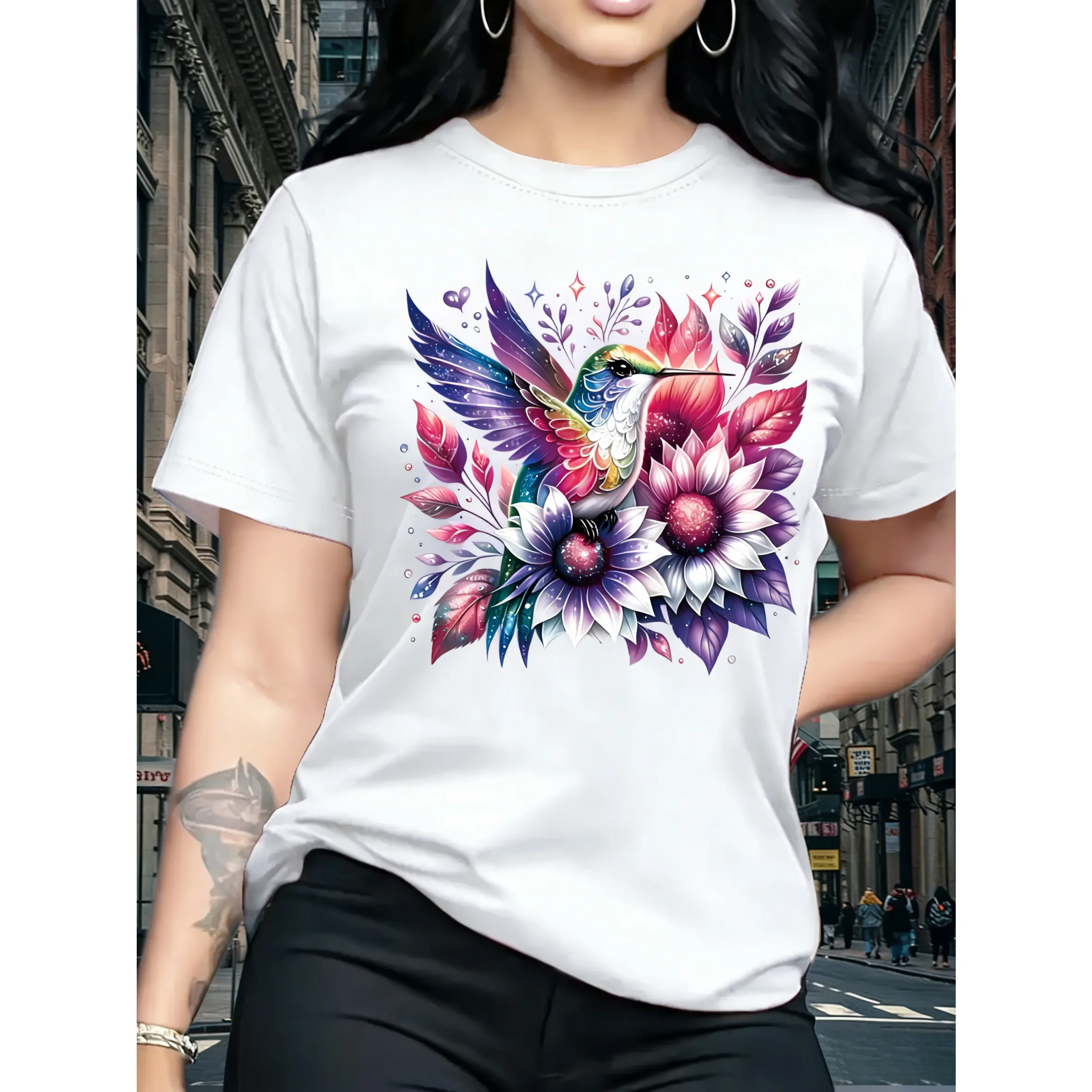 Women's 100% Cotton Oversized Short-Sleeve Round-Neck T-Shirt - Bird-Flapping-Wings Floral Graphic Print, Classic Fit, Casual Elegant Top, Machine Wash, No Bleach, New Year Gifting, Travel Option, Shortsleeve, Tshirt, Printed