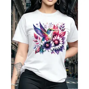 100% cotton T-shirt with a fashionable casual design of a bird flapping its wings on flowers, short-sleeved, round-neck top, suitable for gifts, travel, vacations, parties, sweet and elegant