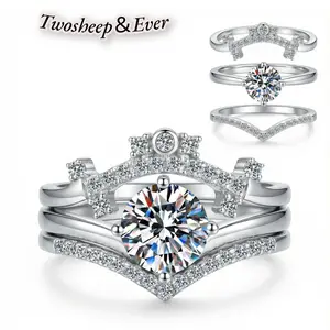 [Ever]Moissanite Stackable Crown Ring, Round Brilliant Cut Sterling Silver Wedding Band Trio Set |   Engagement Wedding Promise Ring, Anniversary Gift for Her