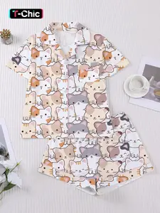 Cartoon Cat Print Pajama Set Nightwear Loungewear for Women, Short Sleeve Shorts, Casual Home Wear, Perfect for Festive Occasions and Family Gatherings